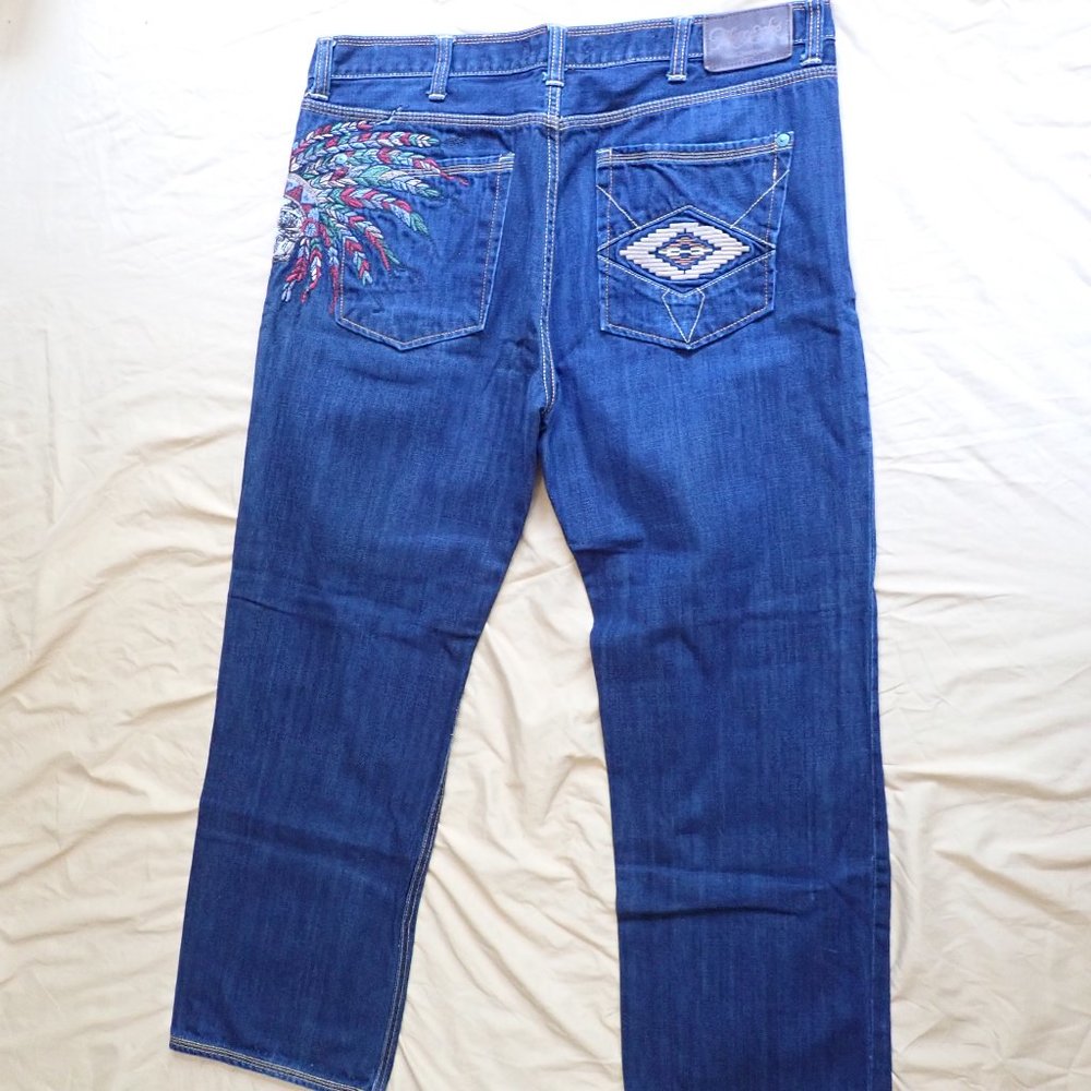 MARC ECKO Men's 40W/31L  JEANS/standard fit/Skull Indian chief/dark blue denim. - Picture 3 of 9